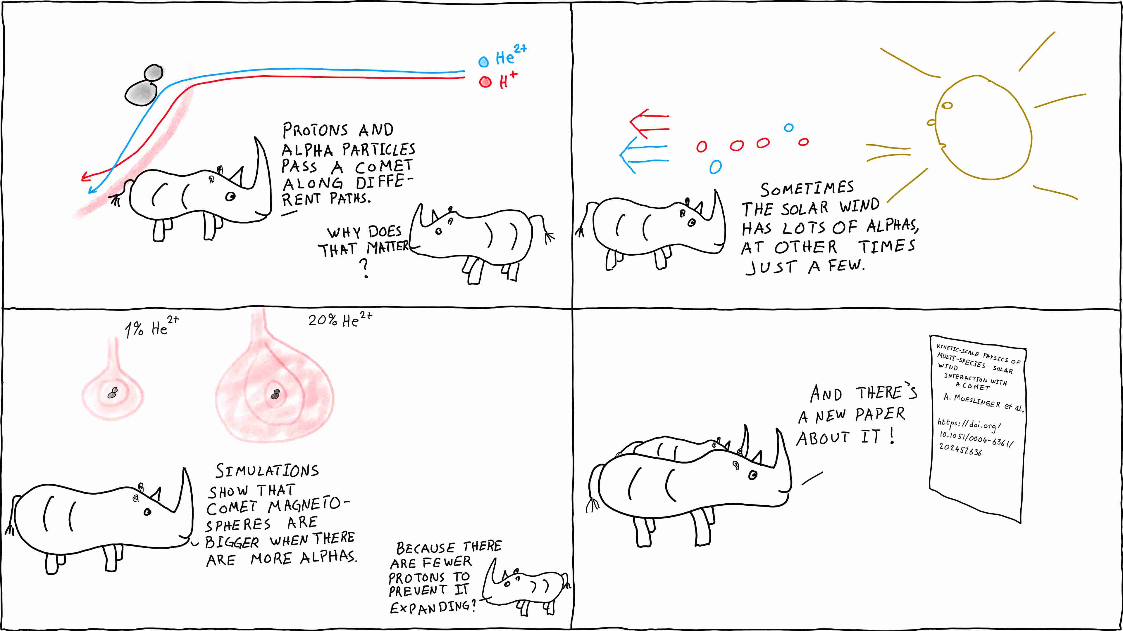 Rhinos explain recent findings about how protons and alpha particles affect a comet magnetosphere, which is something that was published in a paper by Anja Möslinger.
