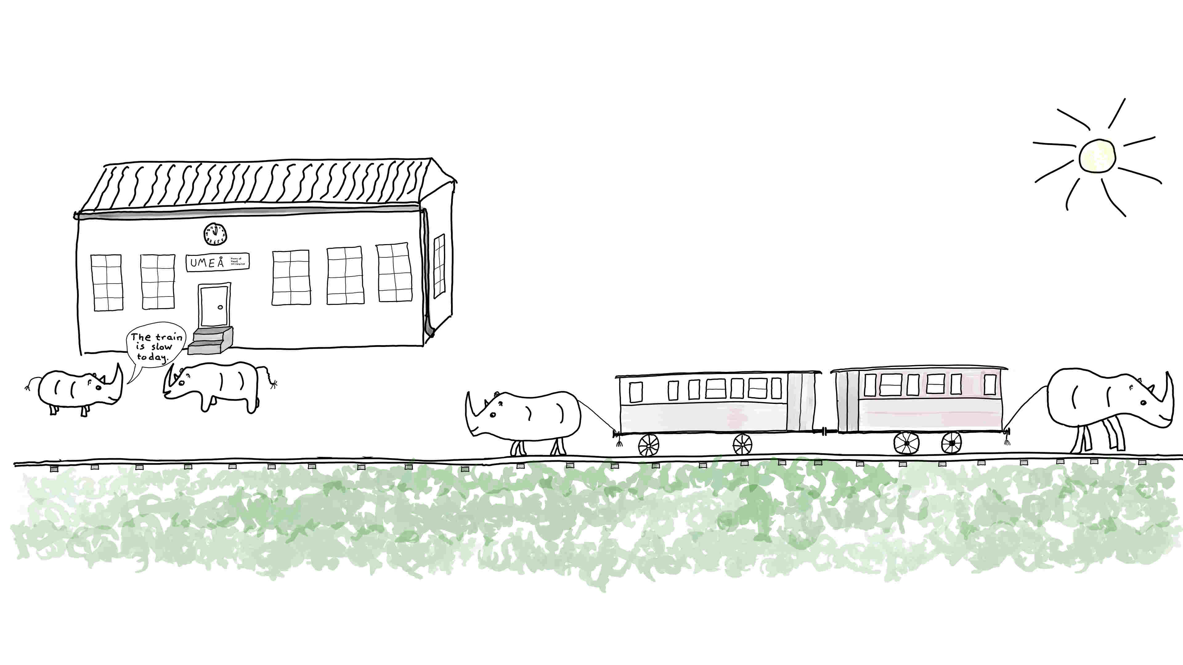 Rhinos waiting for a train