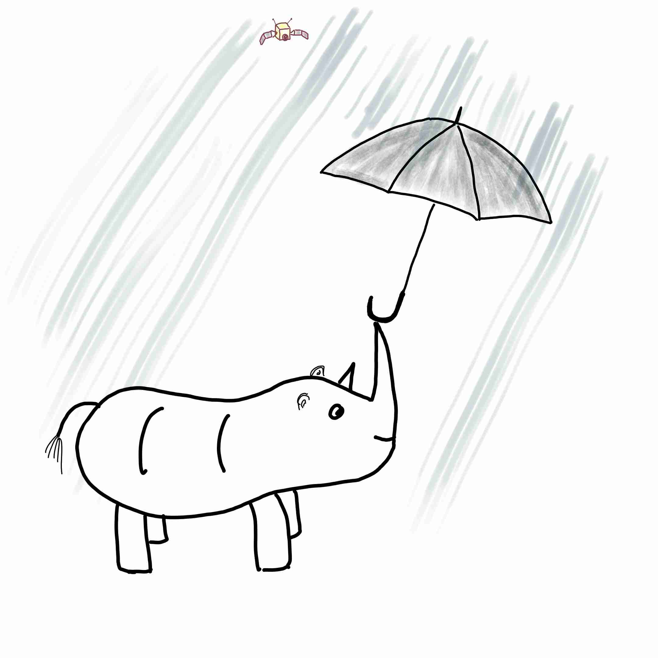 A rhino under an umbrella with a little spacecraft in the background.